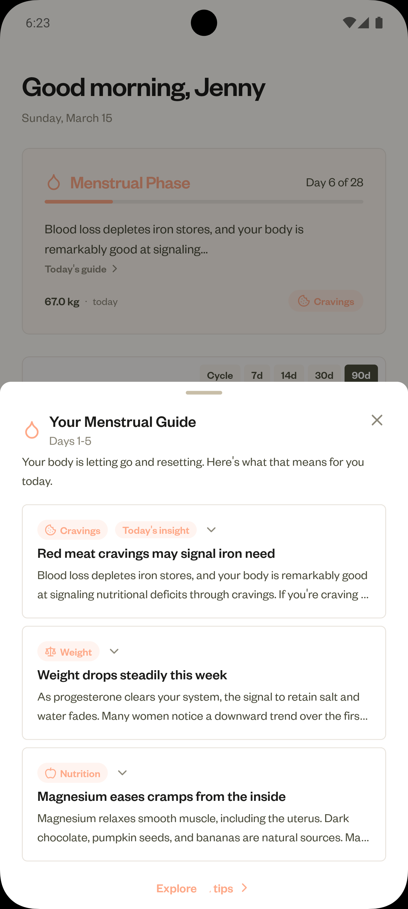 Wavara app phase guide showing menstrual phase insights for energy, mood, and sleep