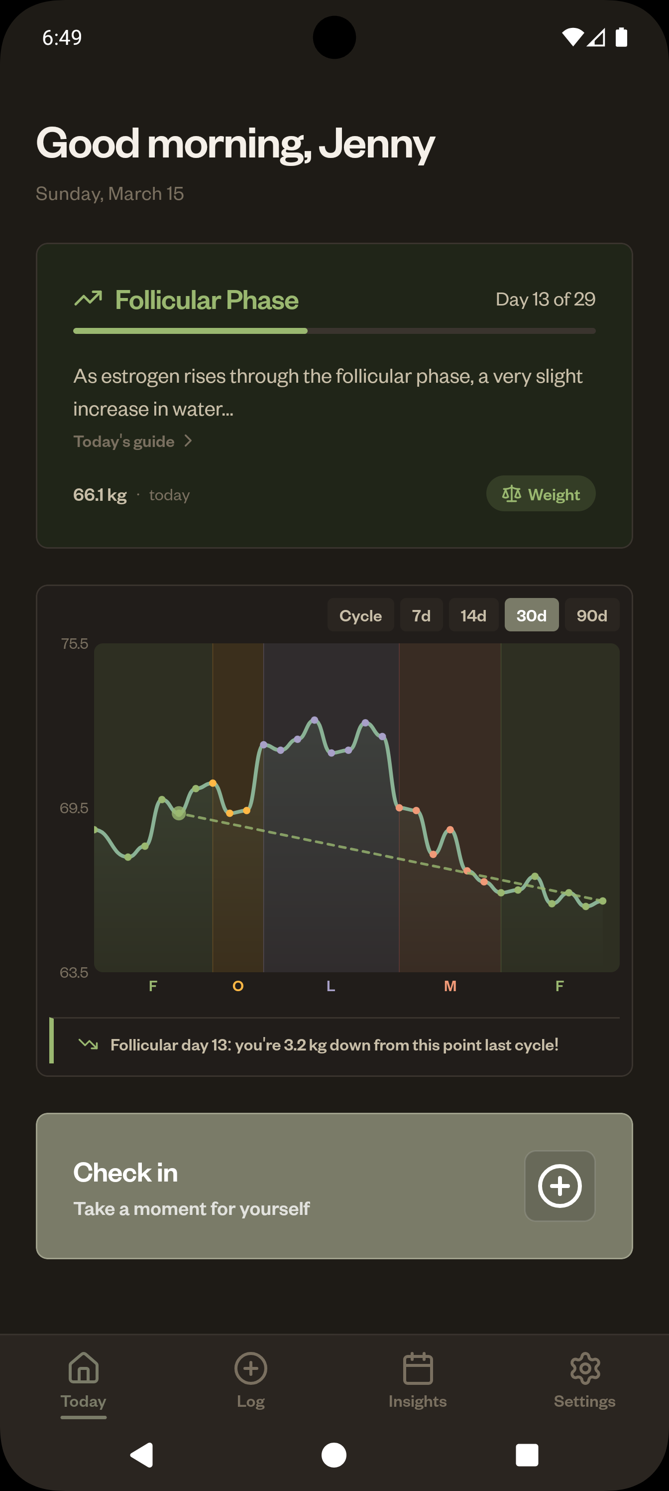 Wavara home screen in dark mode for comfortable late-night tracking