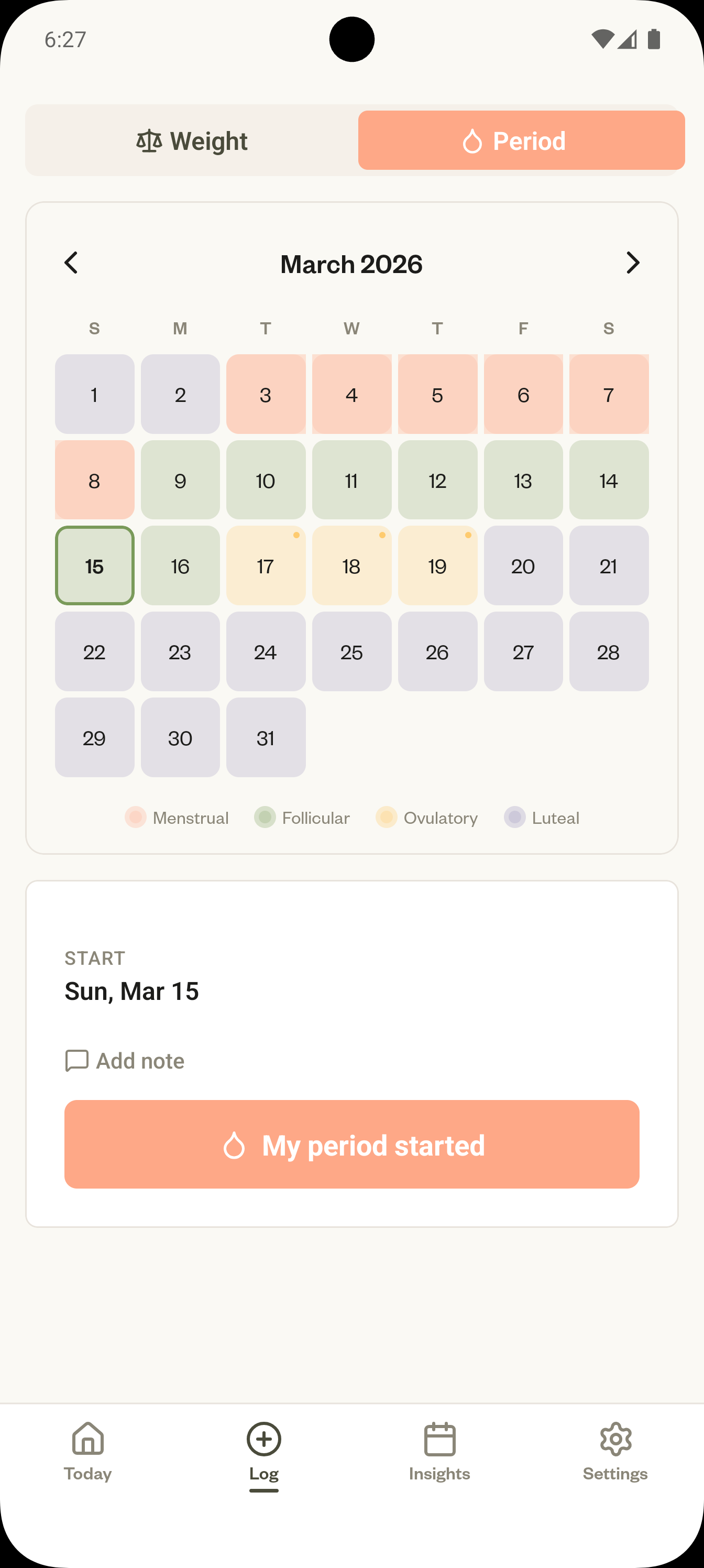Wavara log screen showing weight entry alongside period tracking calendar with color-coded cycle phases
