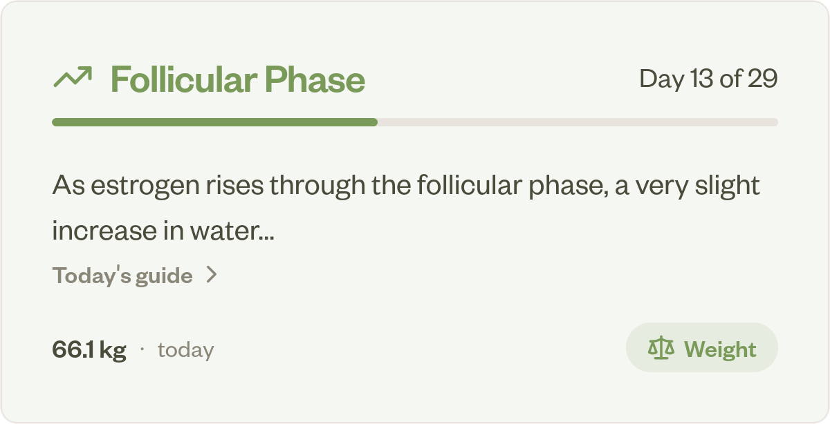 Follicular Phase indicator showing Day 13 of 29 with estrogen insight